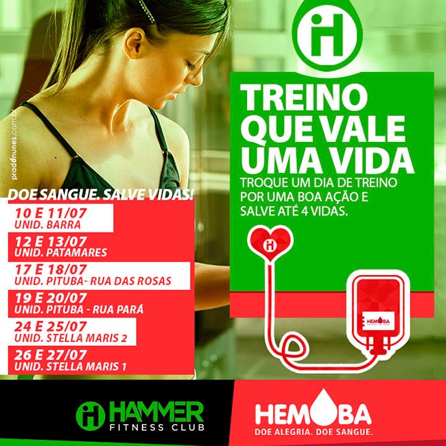 Hammer Fitness Club e Hemoba dão início a Campanha “Treino que vale uma vida” nesta segunda (10/07)